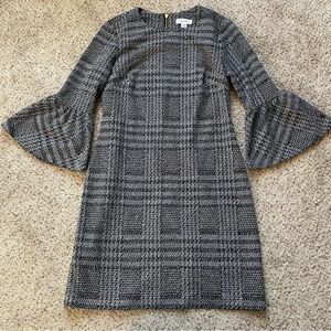 Calvin Klein Women's Black White Plaid Ponte Knit Bell Sleeve Dress Size 4